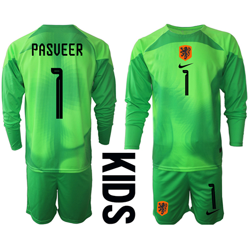 Maillot de foot Pays-Bas Remko Pasveer #1 Gardien de but Domicile enfant Monde 2022 Manche Longue (+ pantalon court)